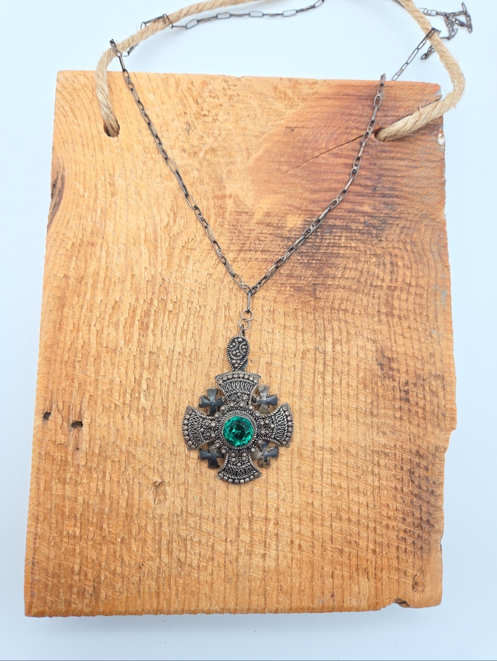 Antique Vintage 950 Sterling Silver Jerusalem Maltese Cross Green Stone Pendant